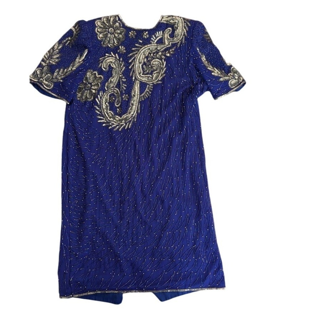 Vintage Silk Lawrence Kozar Royal Blue Beaded Sequin Silk Dress 1X Evening Party